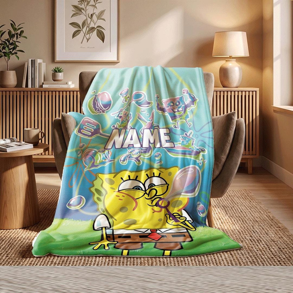 Dreamy Bubble Art SpongeBob SquarePants Personalized Throw Neon Friends Outline Bedding Nostalgic Cartoon Fan Custom Fleece Blanket