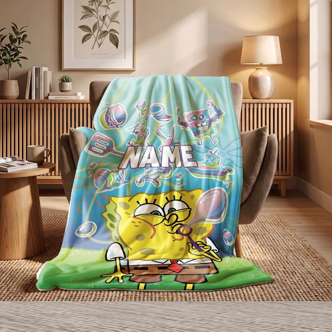 Dreamy Bubble Art SpongeBob SquarePants Personalized Throw Neon Friends Outline Bedding Nostalgic Cartoon Fan Custom Fleece Blanket