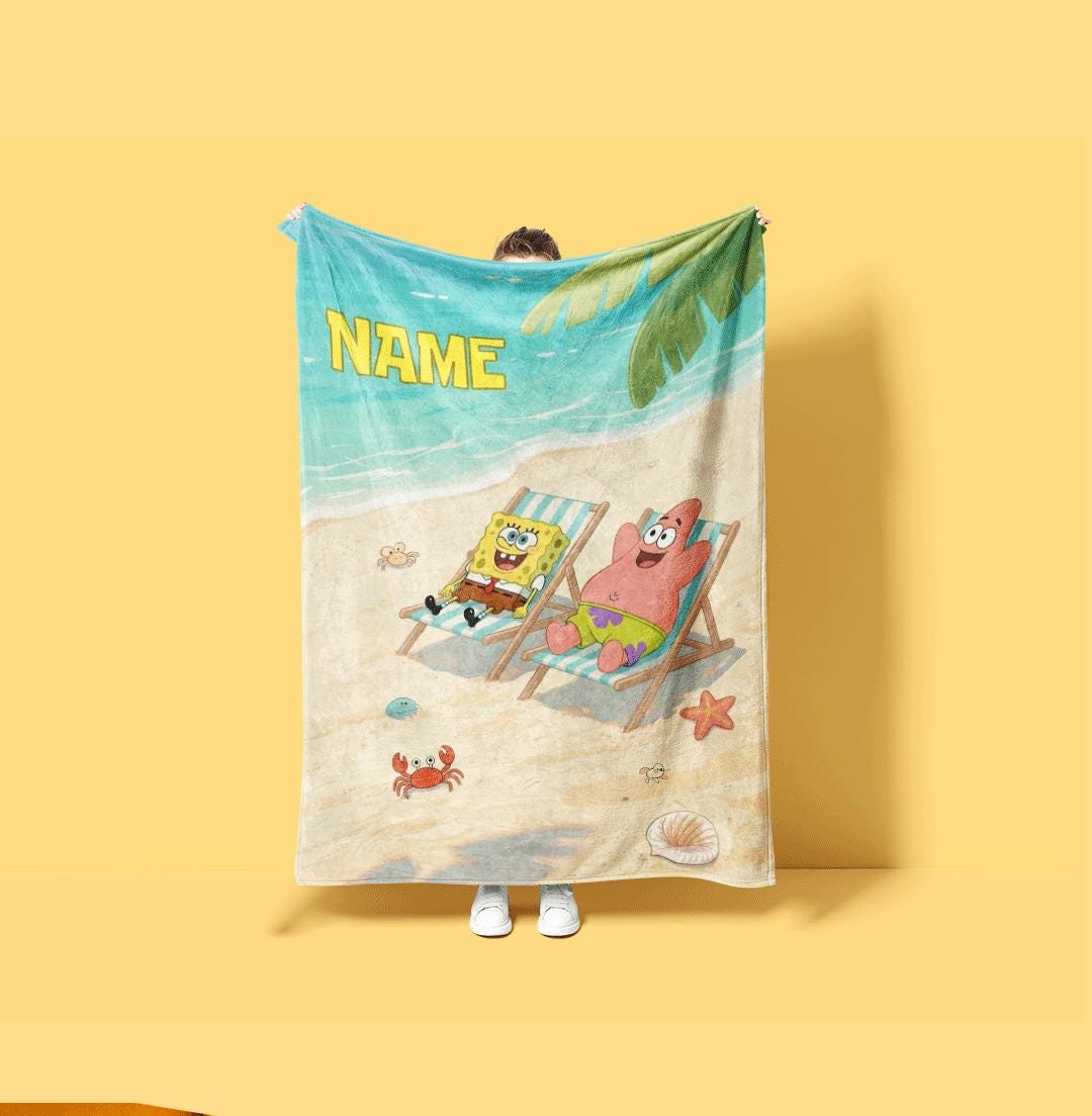 Summer Vacation Vibe SpongeBob And Patrick Custom Name Blanket Tropical Beach Chair Decor Relaxing Ocean Theme Bedding Boy Girl Gift