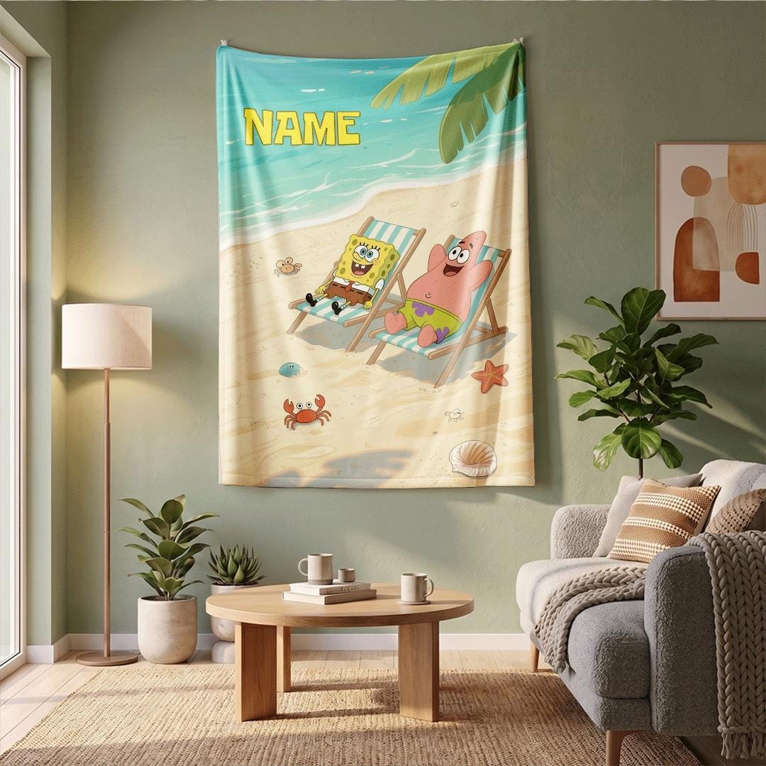 Summer Vacation Vibe SpongeBob And Patrick Custom Name Blanket Tropical Beach Chair Decor Relaxing Ocean Theme Bedding Boy Girl Gift