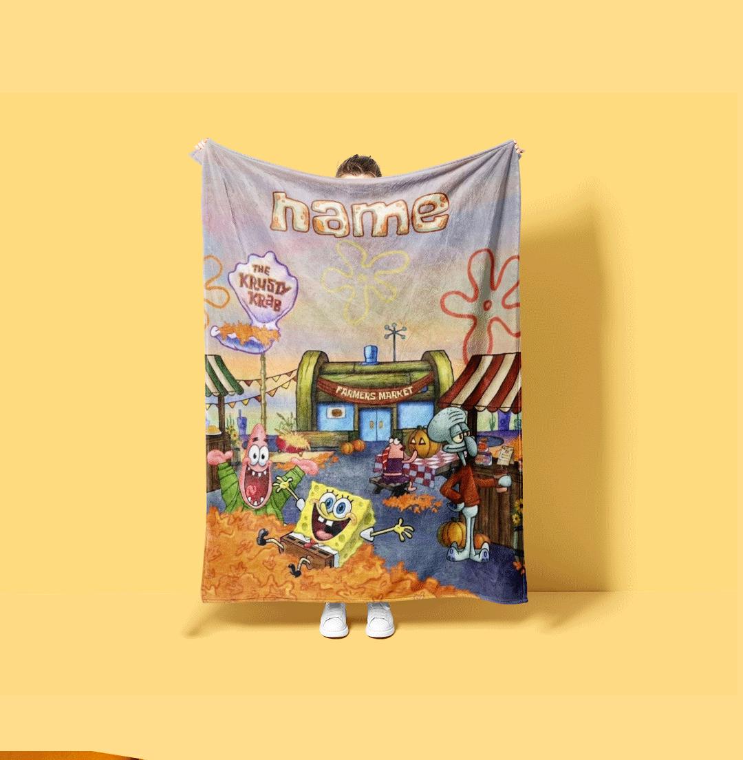 Cozy Autumn Harvest SpongeBob Custom Blanket Krusty Krab Farmers Market Throw Fall Season Leaves Bedding Squidward Patrick Fan Gift