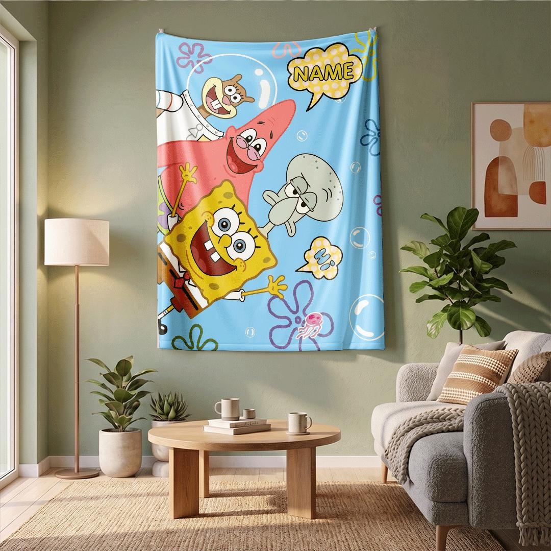 Cheerful Underwater Friends SpongeBob SquarePants Custom Blanket Sandy Patrick Squidward Throw Kids Room Cartoon Bedding
