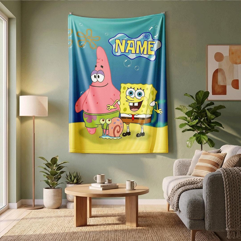 Classic Ocean Pals Patrick Star SpongeBob Custom Name Throw Gary The Snail Blanket Underwater Best Friends Fun Kids Bedding