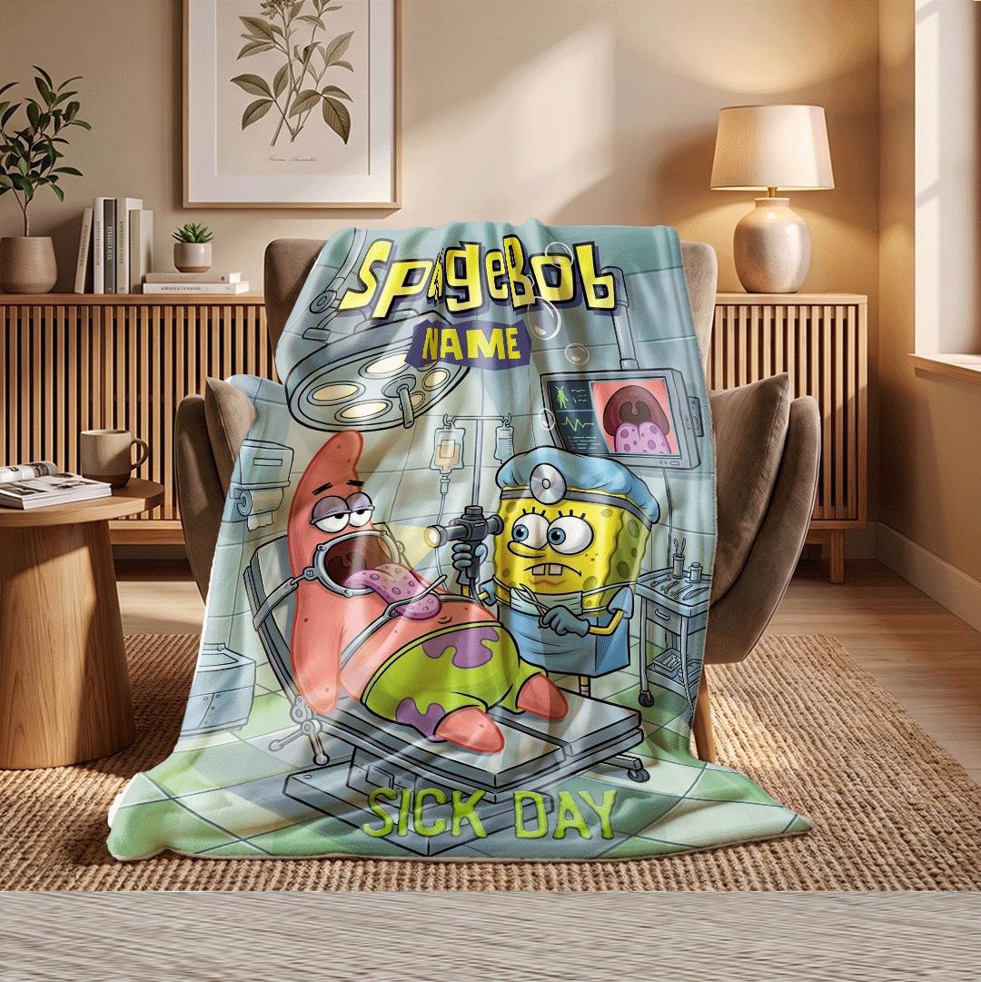 Funny Medical Theme SpongeBob Blanket Custom Name Doctor Examining Patrick Star Throw Sick Day Cartoon Gift Get Well Soon Bedding