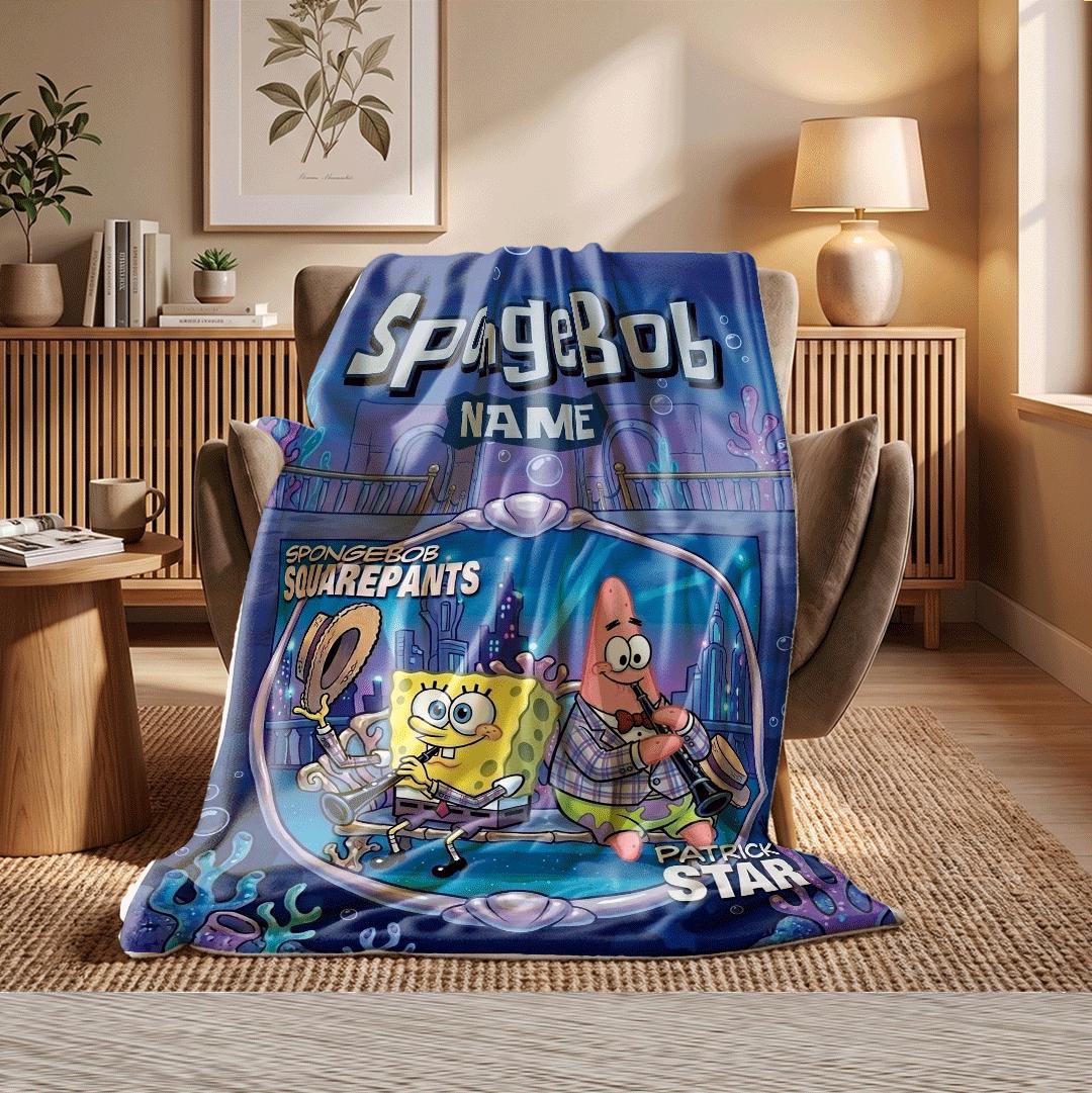 Elegant Musical Duo SpongeBob SquarePants Personalized Name Blanket Patrick Star Clarinet Art Throw Classic Cartoon Fan Best Friend Gift