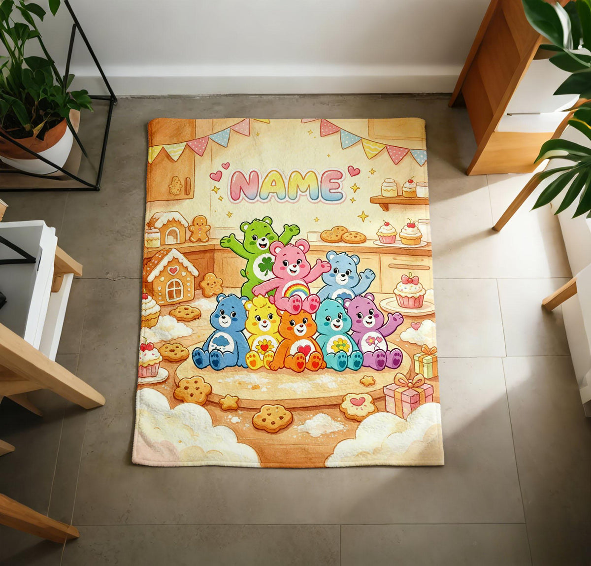 Custom Name Rainbow Bear Fleece Blanket, Soft Flannel Throw, Kids Gift