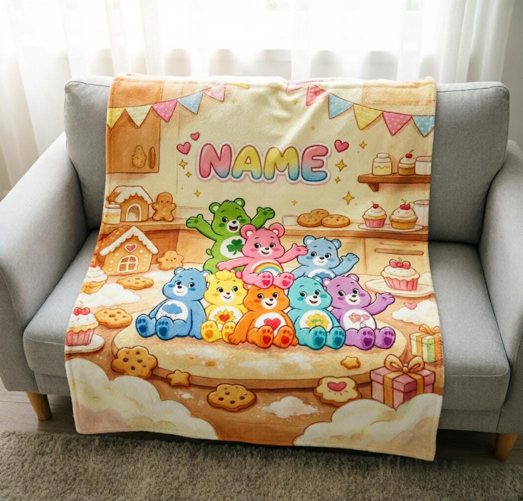 Custom Name Rainbow Bear Fleece Blanket, Soft Flannel Throw, Kids Gift