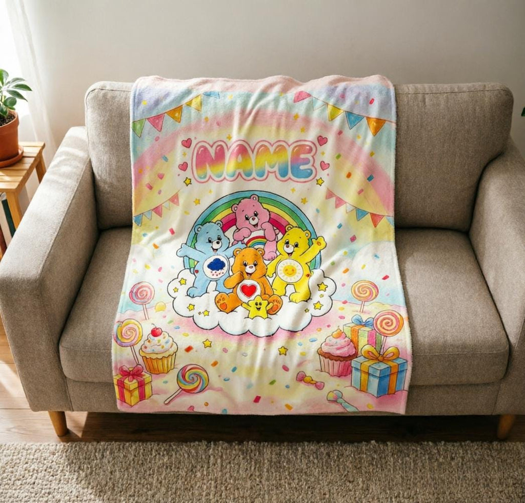 Personalized Care Bears Blanket, Custom Name Flannel Throw, Rainbow Hot Air Balloon Scene