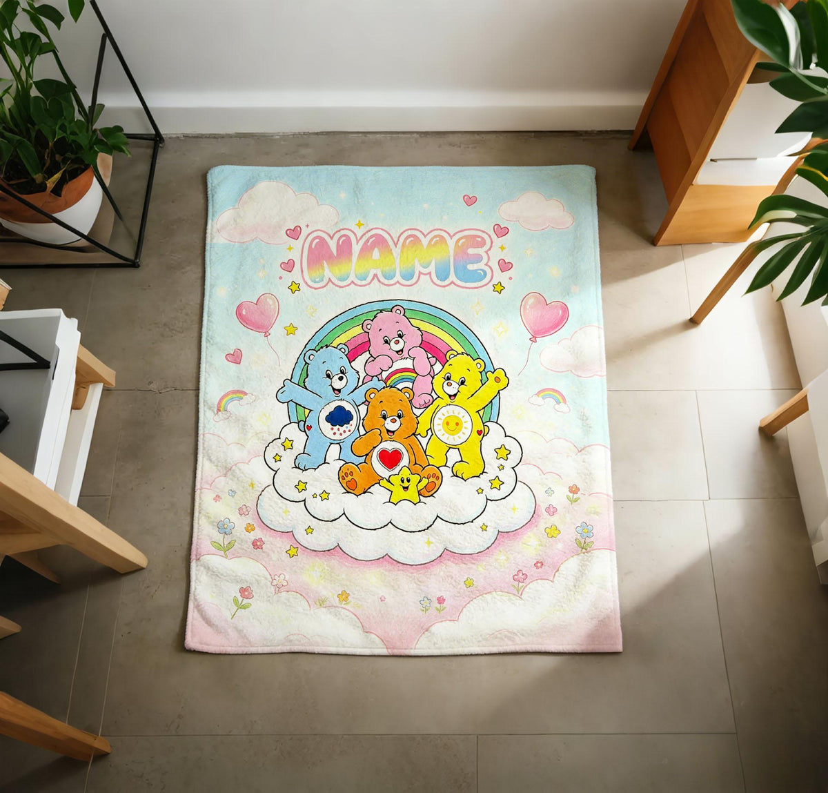 Personalized Heart Floral Cloud Care Bears Blanket, Soft Flannel Throw, Baby Shower Gift
