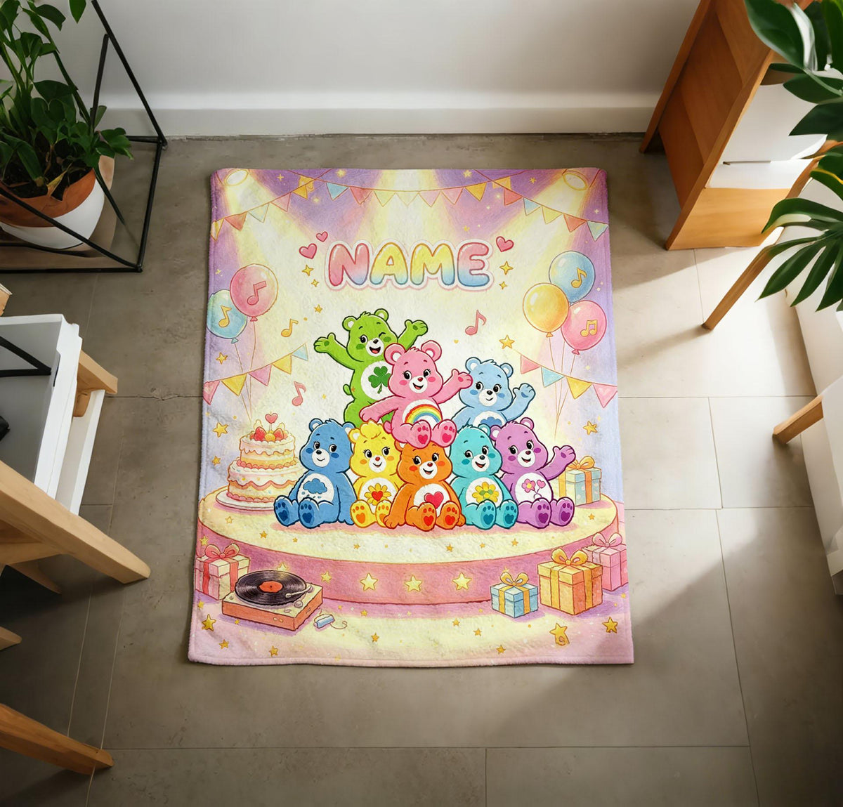 Personalized Care Bears Concert Flannel Throw Blanket, Custom Name Kids Soft Bedding