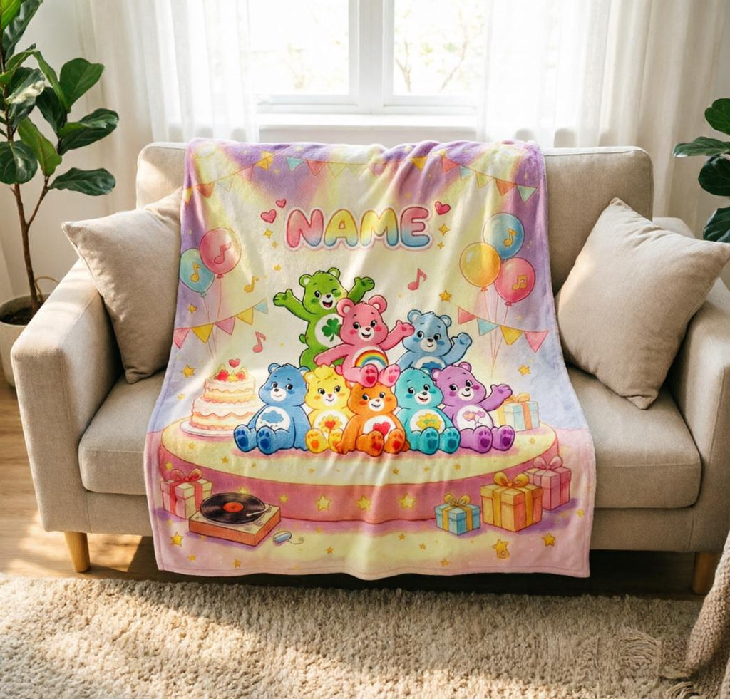Personalized Care Bears Concert Flannel Throw Blanket, Custom Name Kids Soft Bedding