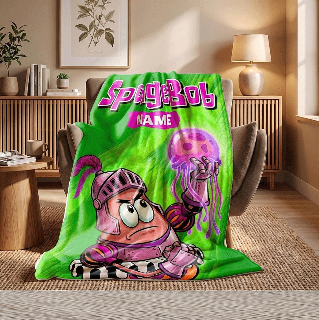Epic Knight Patrick Star Personalized Fleece Blanket Magical Jellyfish Throw Glowing Green Bedding Fantasy Cartoon Gift