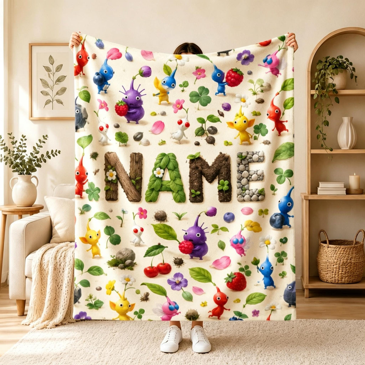 Custom Pikmin World Blanket, Personalized Character Throw, Game Inspired Kids Decor