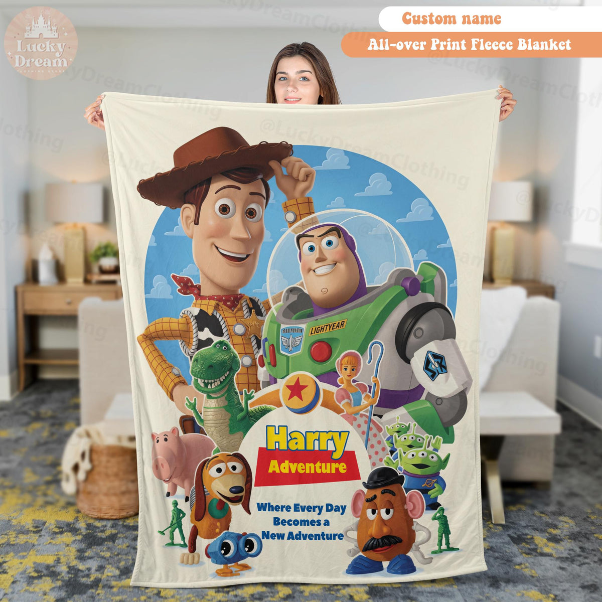 Custom Toy Story 5 Name Blanket, Personalized Woody Buzz Jessie Baby Blanket, Disney Pixar Blanket for Kids, Birthday Gift for Boys & Girls