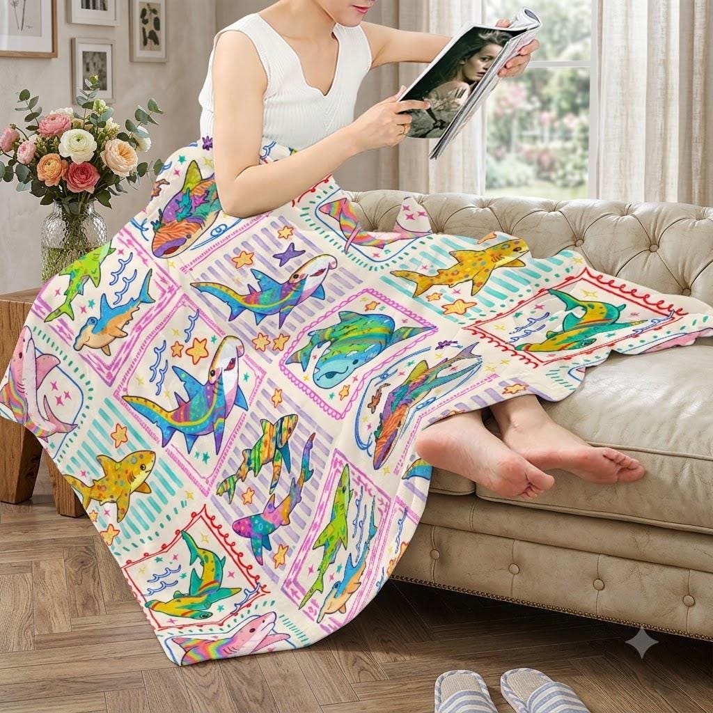 Vintage Shark Fleece Blanket, Tropical Ocean Throw Blanket, Coastal Beach Marine Life Decor, Shark Lover Gift