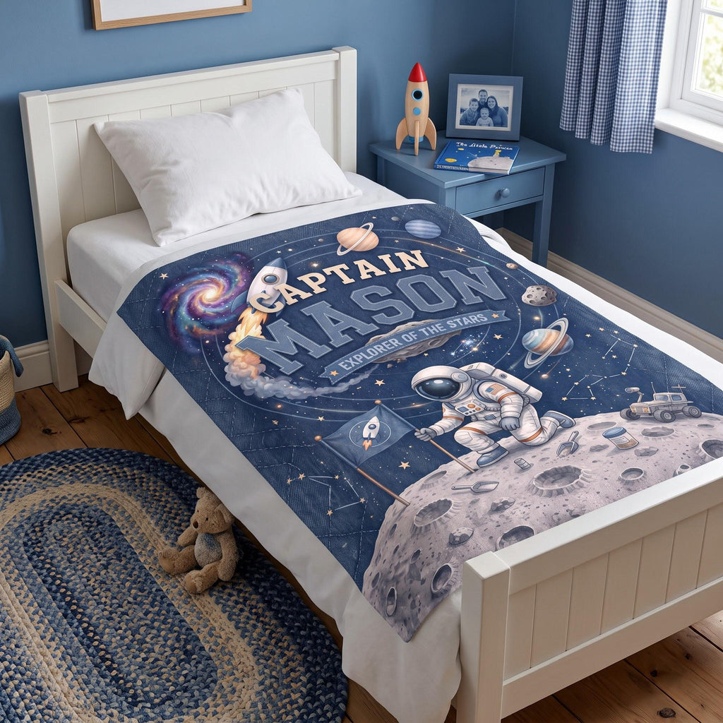 Custom Astronaut Blanket, Outer Space Theme Kids Throw, Personalized Galaxy Name Blanket for Boy, Space Nursery Decor, Toddler Birthday Gift