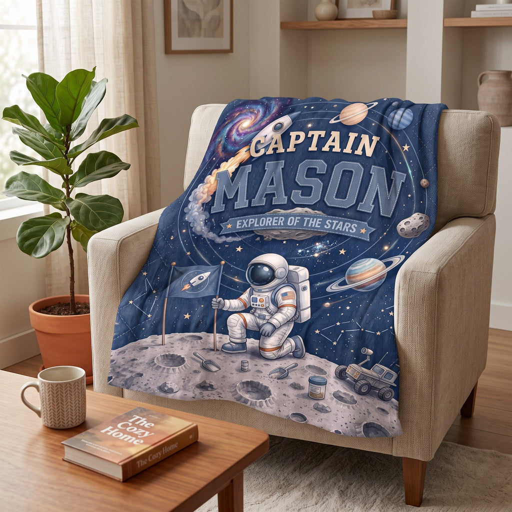 Custom Astronaut Blanket, Outer Space Theme Kids Throw, Personalized Galaxy Name Blanket for Boy, Space Nursery Decor, Toddler Birthday Gift