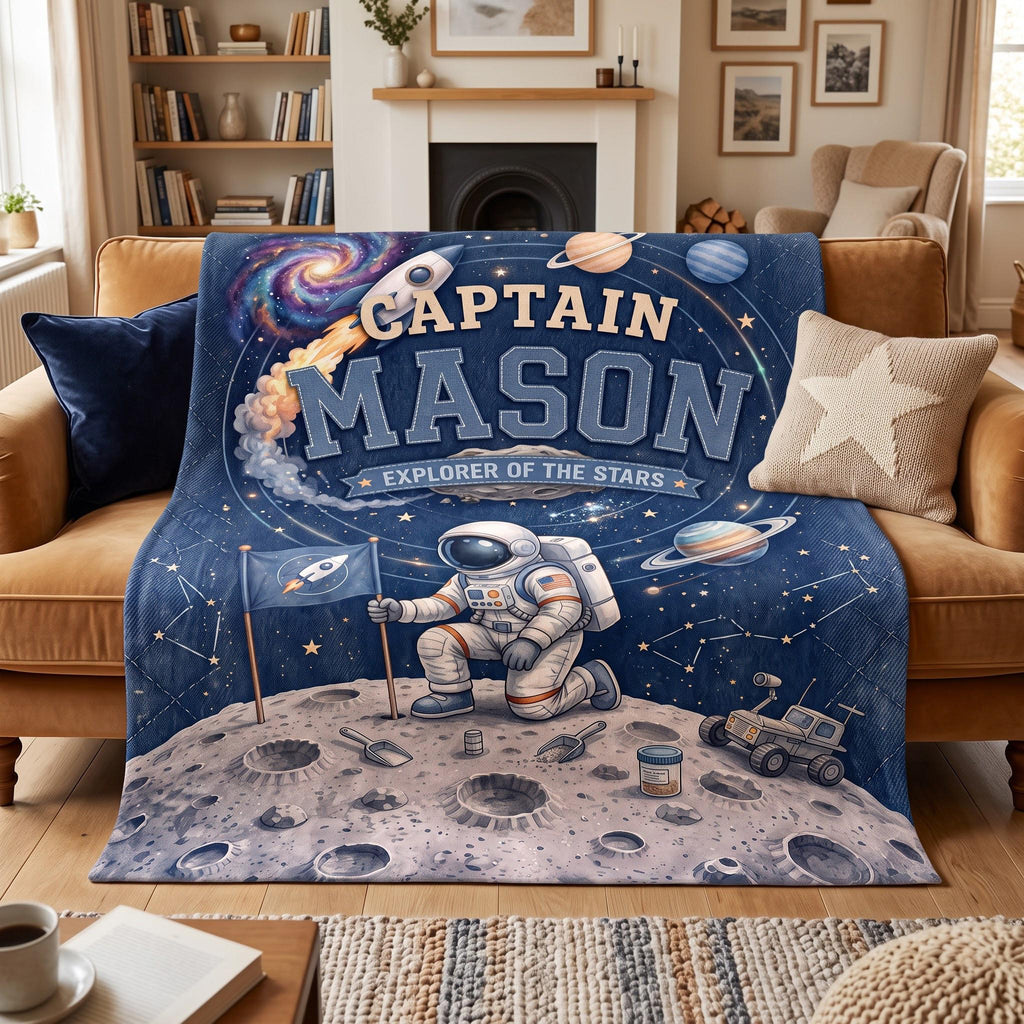 Custom Astronaut Blanket, Outer Space Theme Kids Throw, Personalized Galaxy Name Blanket for Boy, Space Nursery Decor, Toddler Birthday Gift