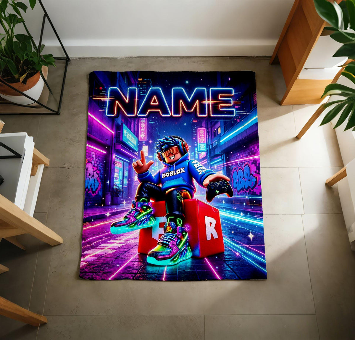Personalized Roblox Blanket Soft Throw, Custom‑Name Neon City Gaming Throw, Boys Birthday Gift