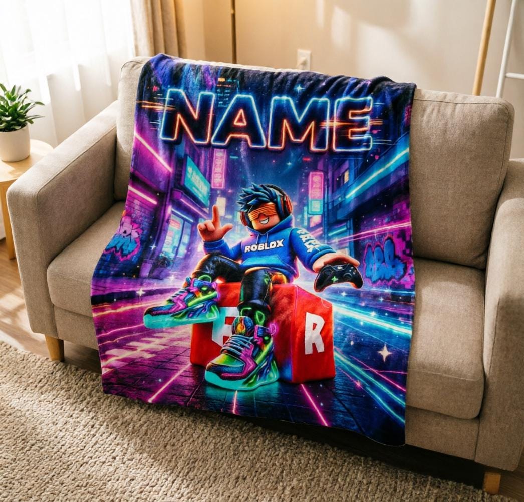 Personalized Roblox Blanket Soft Throw, Custom‑Name Neon City Gaming Throw, Boys Birthday Gift