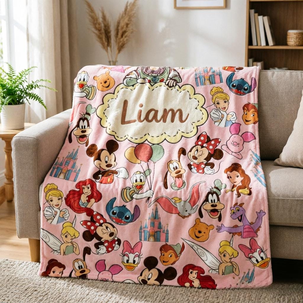 Custom Name Disney Characters Throw Blanket, Soft Blanket, Kids Birthday Gift