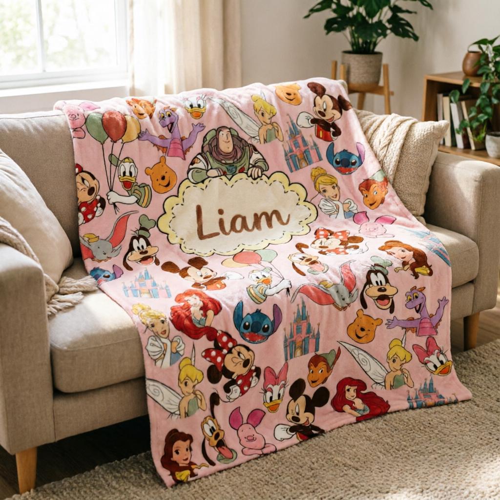Custom Name Disney Characters Throw Blanket, Soft Blanket, Kids Birthday Gift