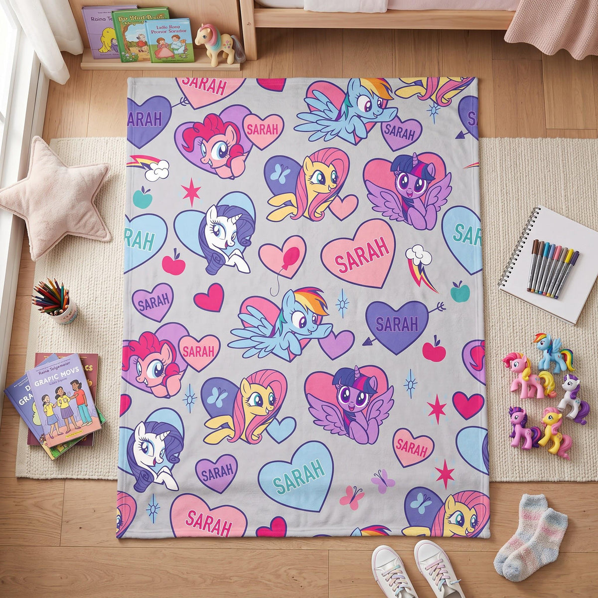 Personalized My Little Pony Flannel Blanket, Custom Name MLP Kids Throw, Rainbow Dash Pinkie Pie Gift for Girls, Custom Toddler Blanket