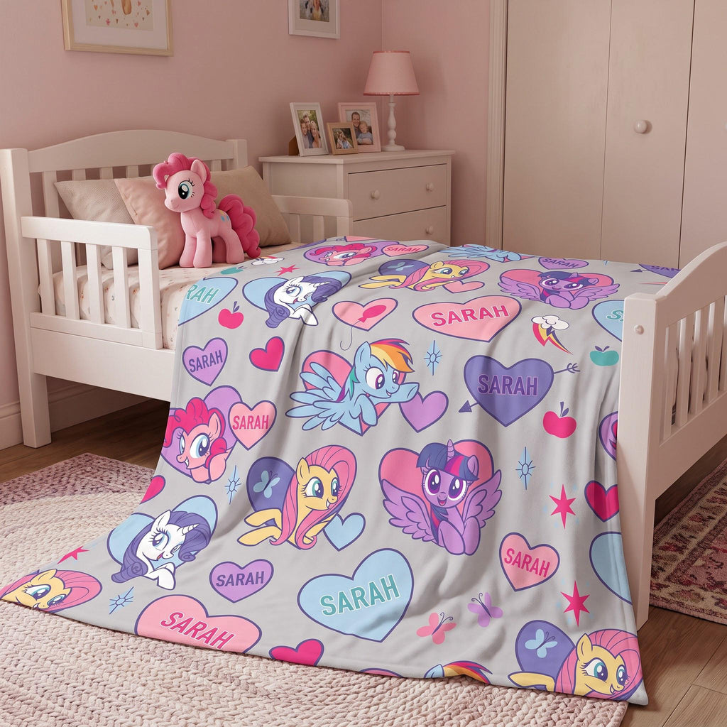 Personalized My Little Pony Flannel Blanket, Custom Name MLP Kids Throw, Rainbow Dash Pinkie Pie Gift for Girls, Custom Toddler Blanket