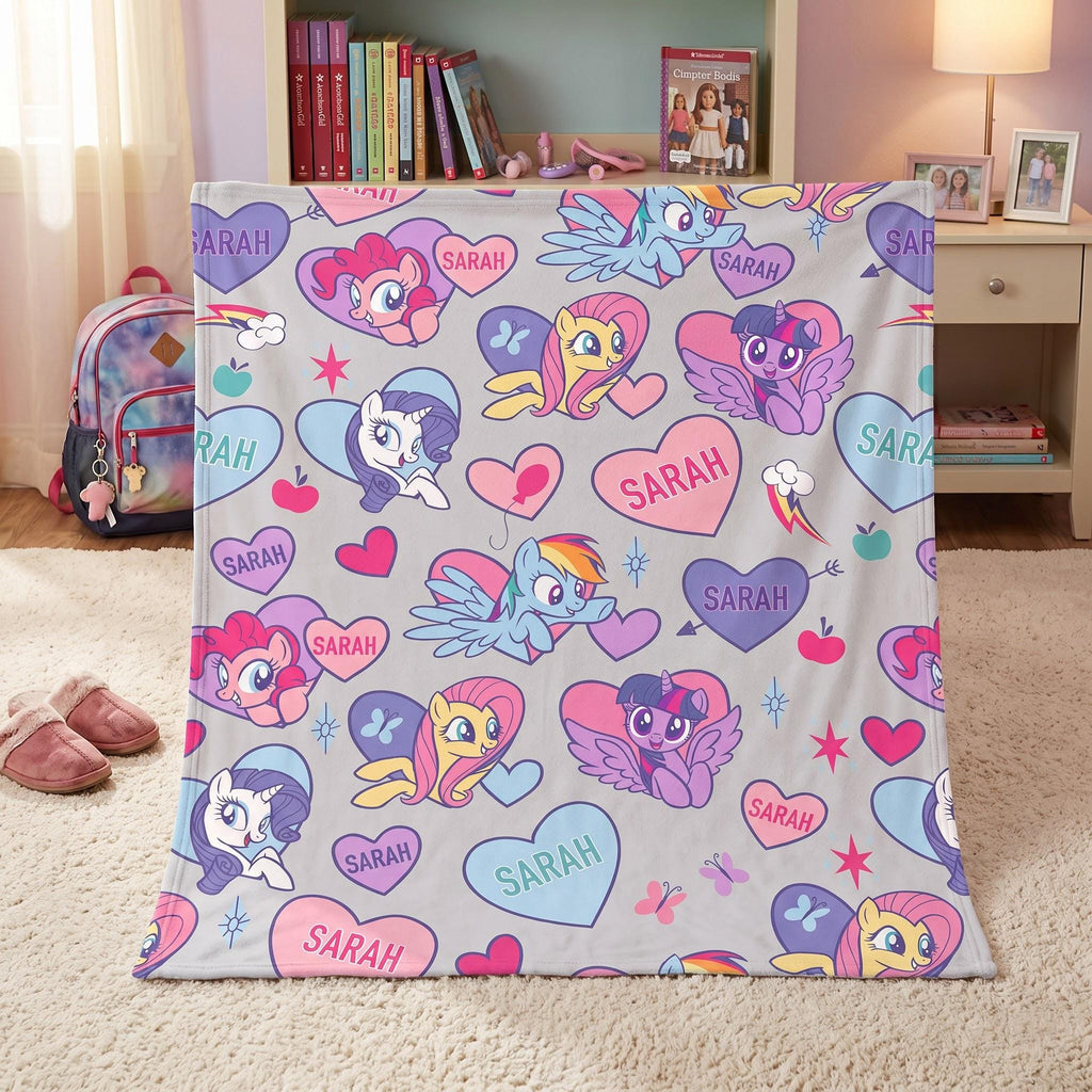Personalized My Little Pony Flannel Blanket, Custom Name MLP Kids Throw, Rainbow Dash Pinkie Pie Gift for Girls, Custom Toddler Blanket