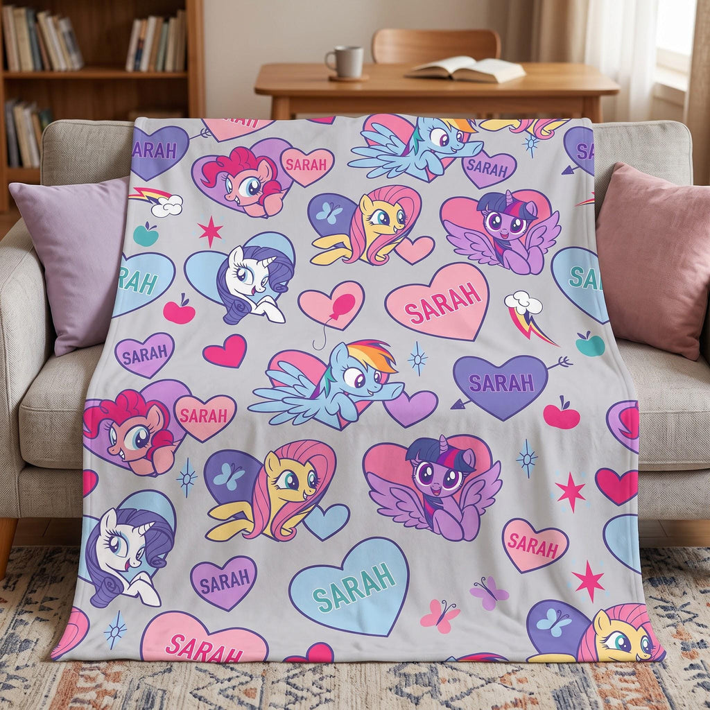 Personalized My Little Pony Flannel Blanket, Custom Name MLP Kids Throw, Rainbow Dash Pinkie Pie Gift for Girls, Custom Toddler Blanket
