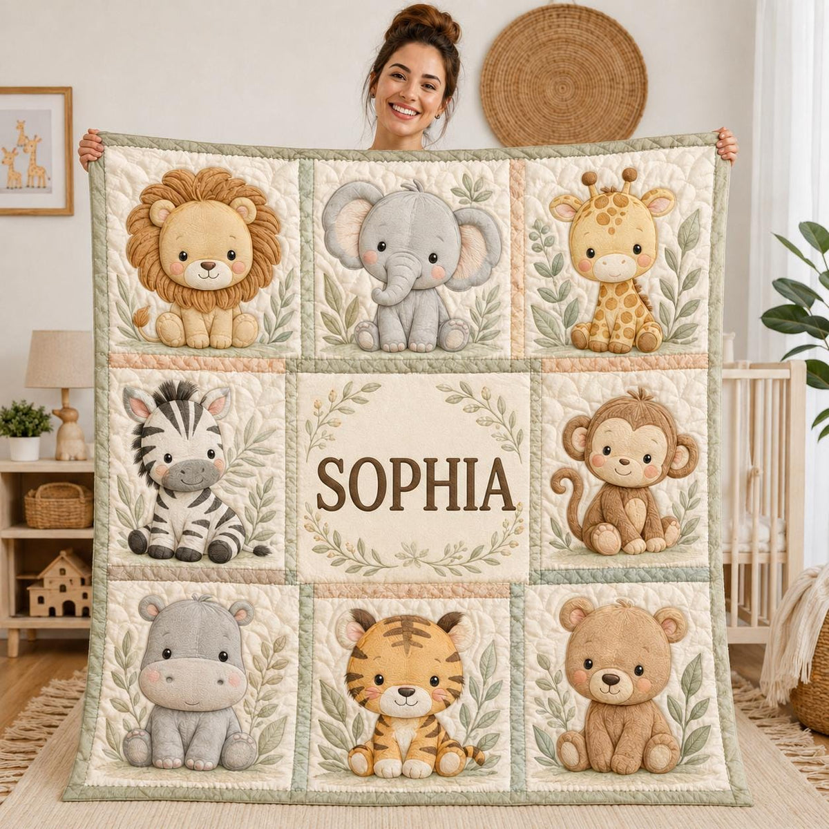 Custom Safari Baby Quilt, Personalized Jungle Nursery Blanket, Sherpa Fleece Woven Quilt