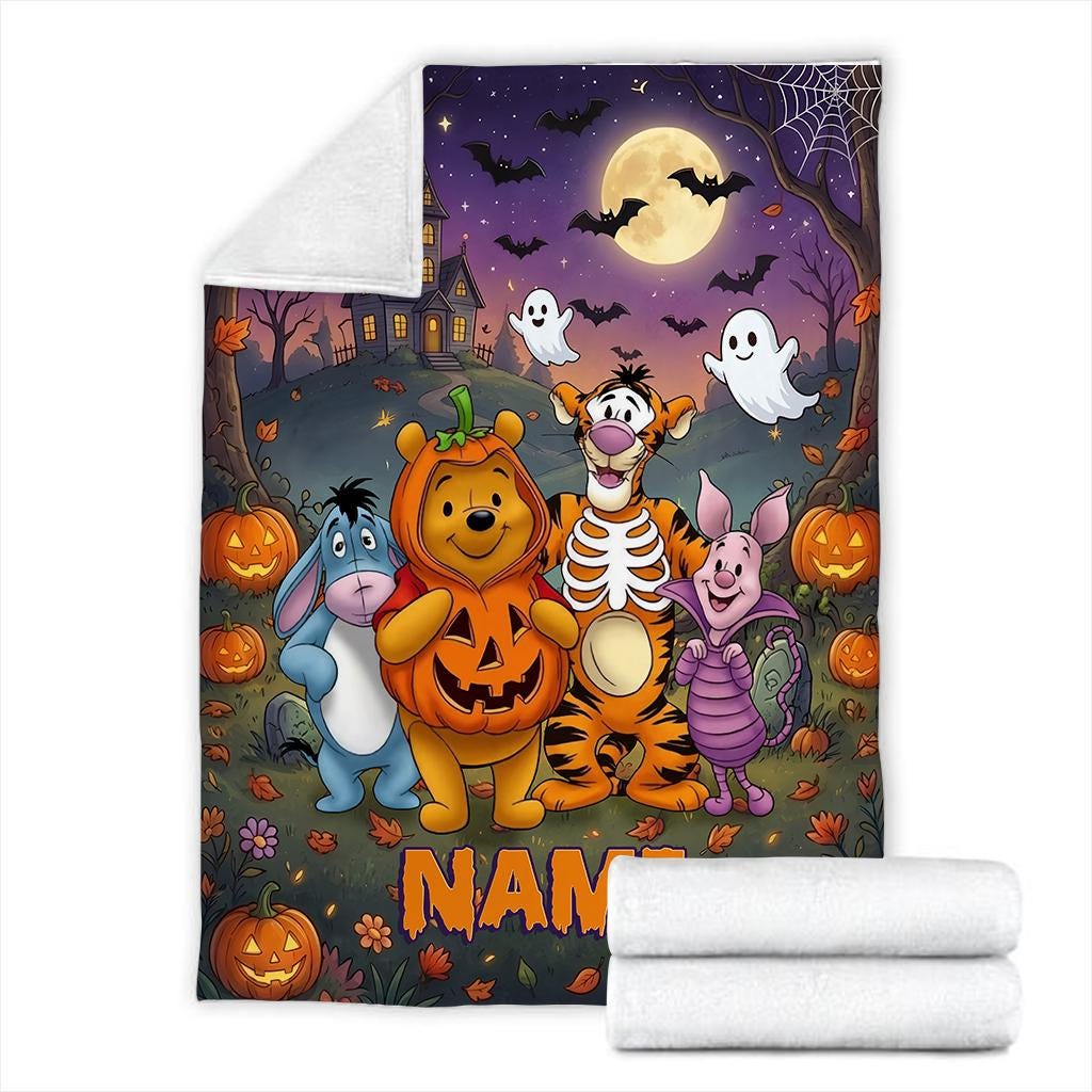 Custom Winnie the Pooh Halloween Blanket, Personalized Spooky Pumpkin Fleece Throw, Cute Ghost Autumn Decor, Trick or Treat Gift, Kids Gift
