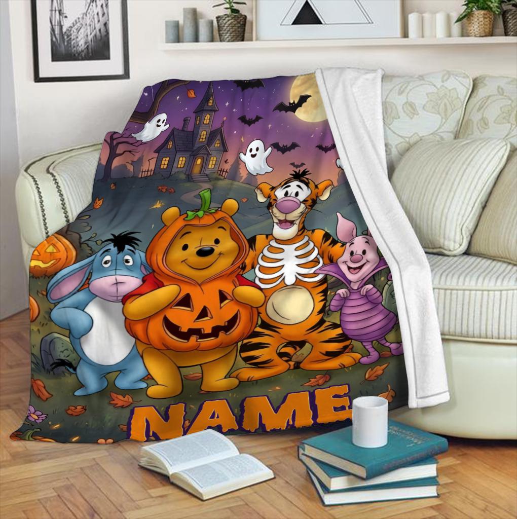 Custom Winnie the Pooh Halloween Blanket, Personalized Spooky Pumpkin Fleece Throw, Cute Ghost Autumn Decor, Trick or Treat Gift, Kids Gift