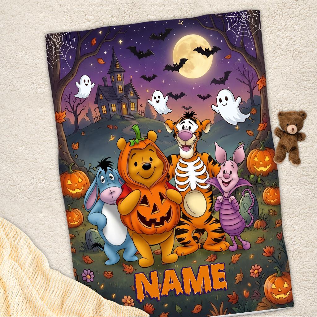 Custom Winnie the Pooh Halloween Blanket, Personalized Spooky Pumpkin Fleece Throw, Cute Ghost Autumn Decor, Trick or Treat Gift, Kids Gift