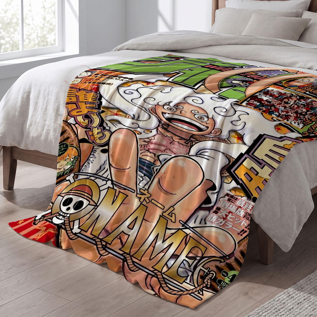 Joyboy Luffy Gear 5 Custom Name Blanket One Piece Manga Cover Throw Sun God Nika Bedding Anime Fan Decor Gift