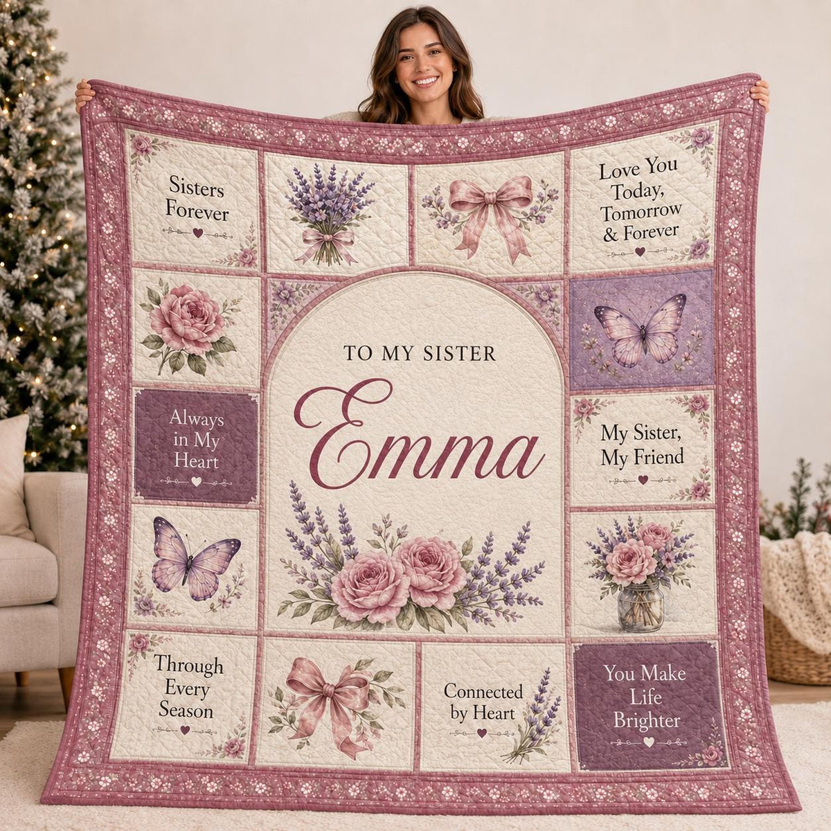 Personalized Sister Blanket, Custom Name Floral Mauve Sherpa Quilt