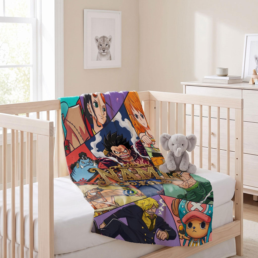 Epic One Piece Crew Custom Name Blanket Straw Hat Pirates Collage Throw Vintage Pirate Logo Bedding Anime Fan Gift