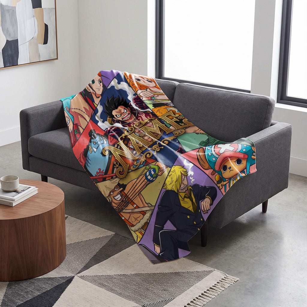 Epic One Piece Crew Custom Name Blanket Straw Hat Pirates Collage Throw Vintage Pirate Logo Bedding Anime Fan Gift