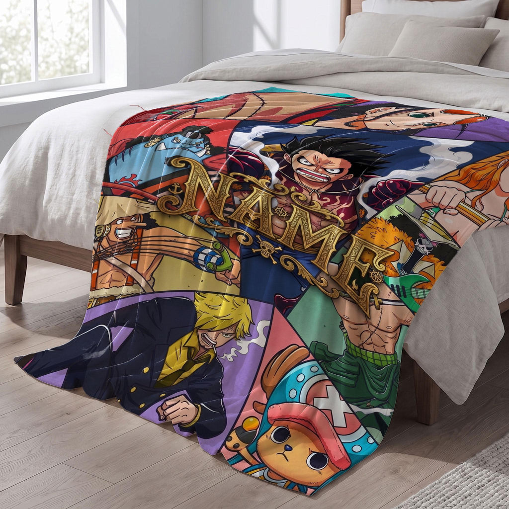 Epic One Piece Crew Custom Name Blanket Straw Hat Pirates Collage Throw Vintage Pirate Logo Bedding Anime Fan Gift