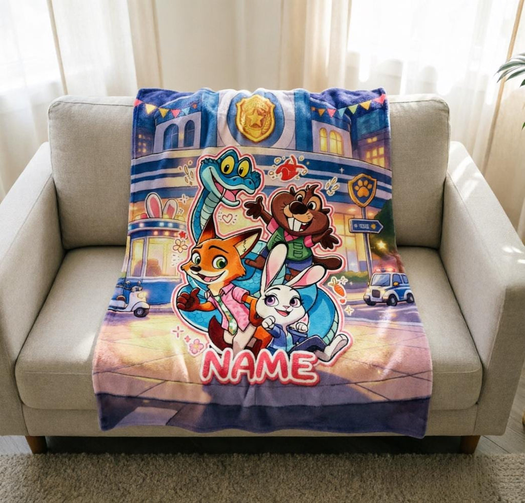 Custom Name Zootopia Fleece Throw Blanket, Personalized Flannel Sofa Blanket