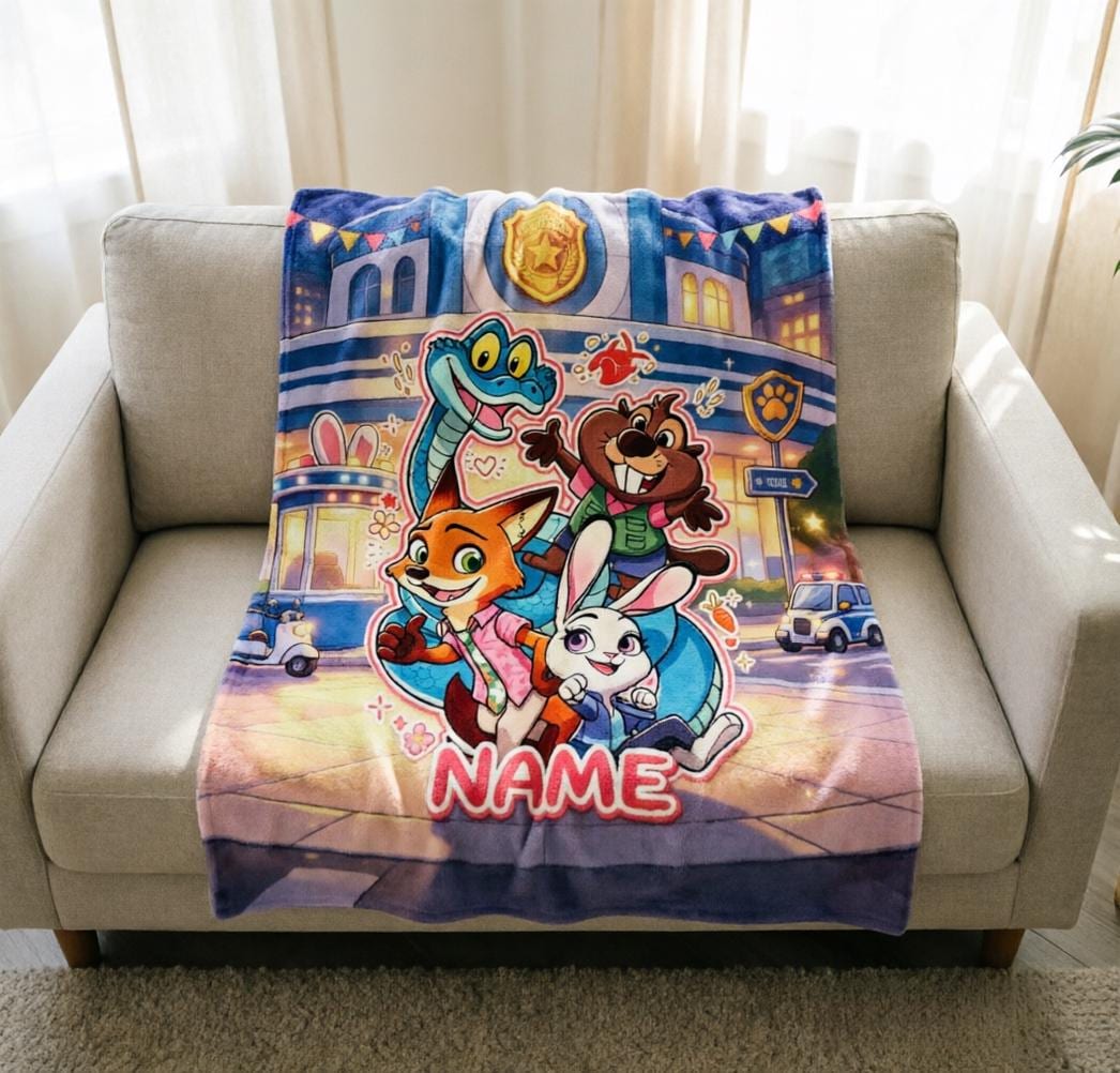 Custom Name Zootopia Fleece Throw Blanket, Personalized Flannel Sofa Blanket