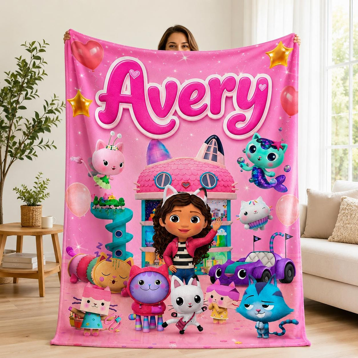 Personalized Gabby Cat Blanket Custom Name Flannel Throw Kitty Dollhouse Kids Bedding Toddler Girl Birthday Gift Pink Cat Room Decor