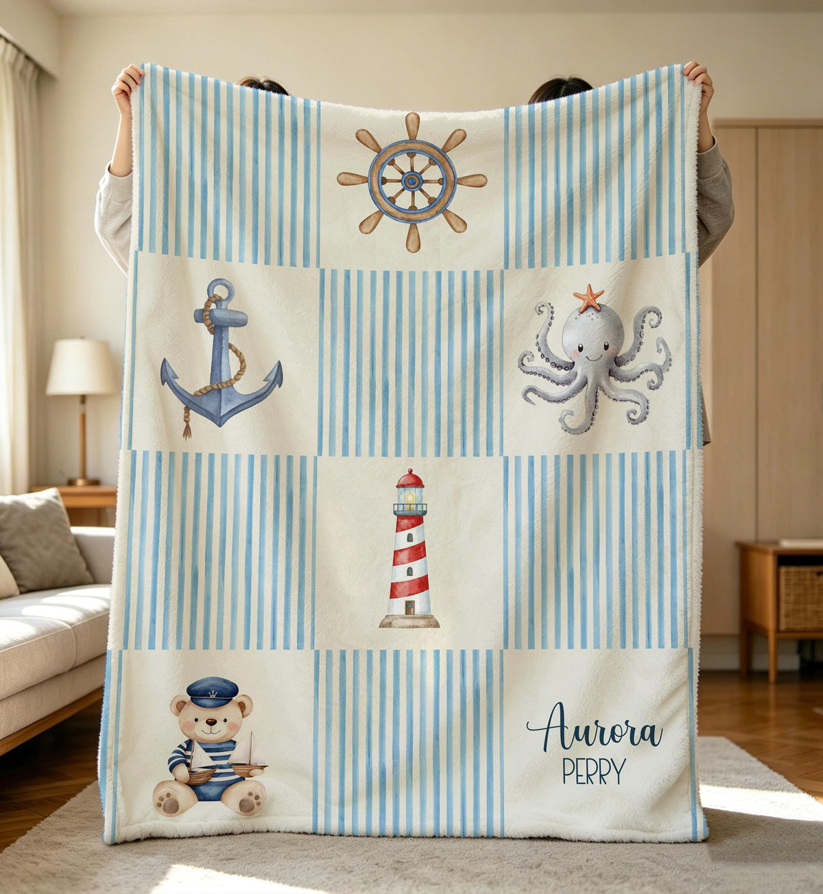 Personalized Flannel Nautical Baby Blanket With Name, Nautical Sailboat Lighthouse Striped,Coastal Nursery Bedding,Nautical Baby Shower Gift