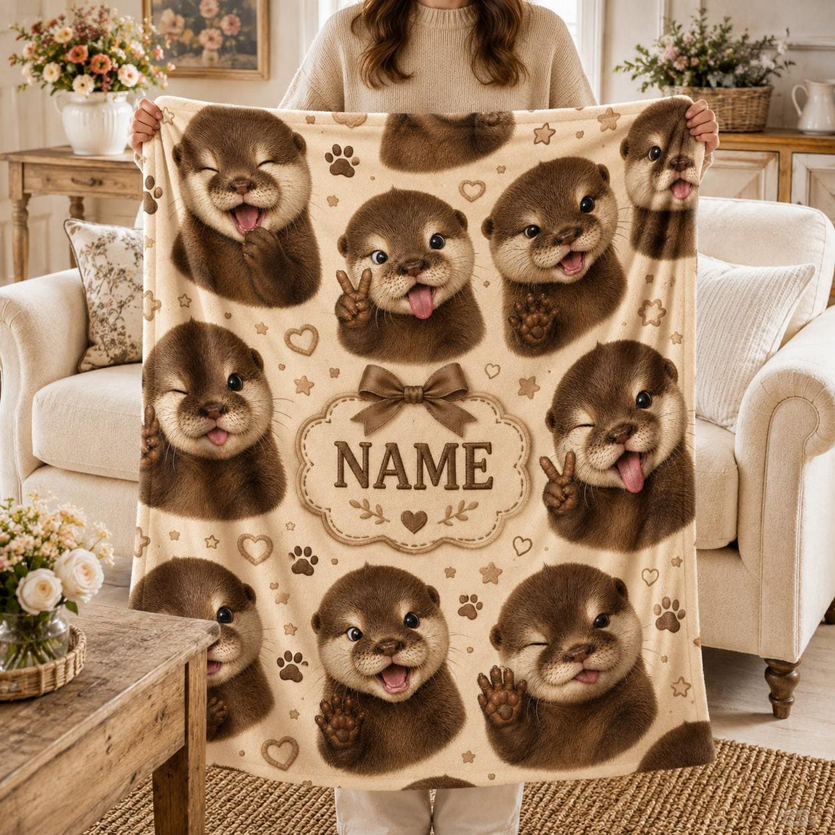 Otter Meme Plush Fleece Throw Blanket, Custom Name Animal Print Couch Decor