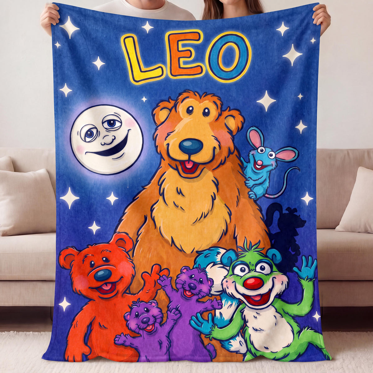 Personalized 90s Nostalgic Cartoon Blanket, Retro Bear and Smiling Moon Flannel Throw, Custom Kids Bedding, Toddler Boy Girl Gift