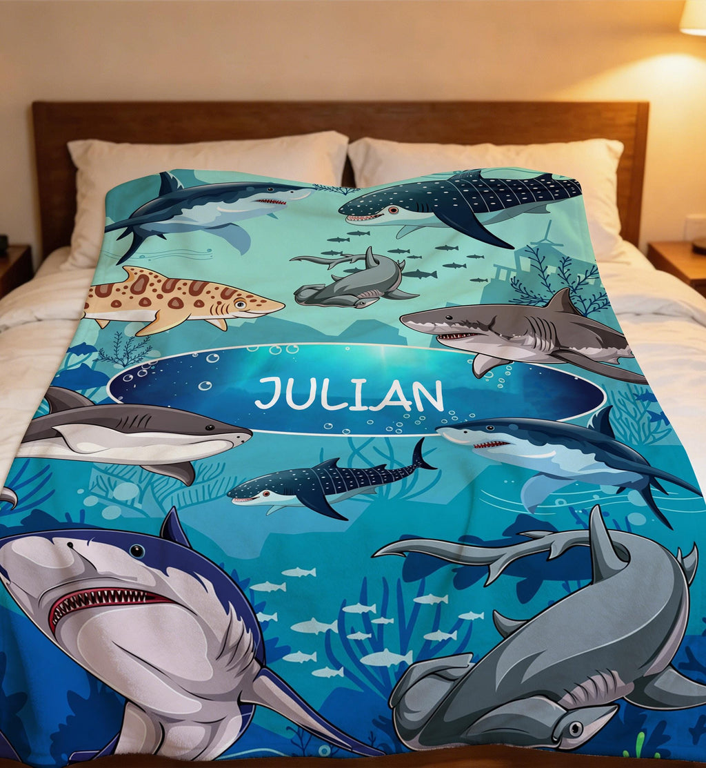 Personalized Boys/Girls Shark Blanket,Shark Present For Kids,Flannel Throw Blanket,Ocean Lovers,Warm Boy Throw Blanket,Child Adult Blanket
