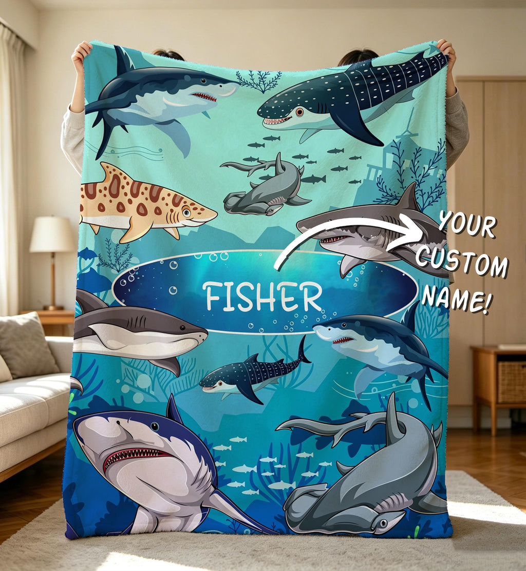 Personalized Boys/Girls Shark Blanket,Shark Present For Kids,Flannel Throw Blanket,Ocean Lovers,Warm Boy Throw Blanket,Child Adult Blanket