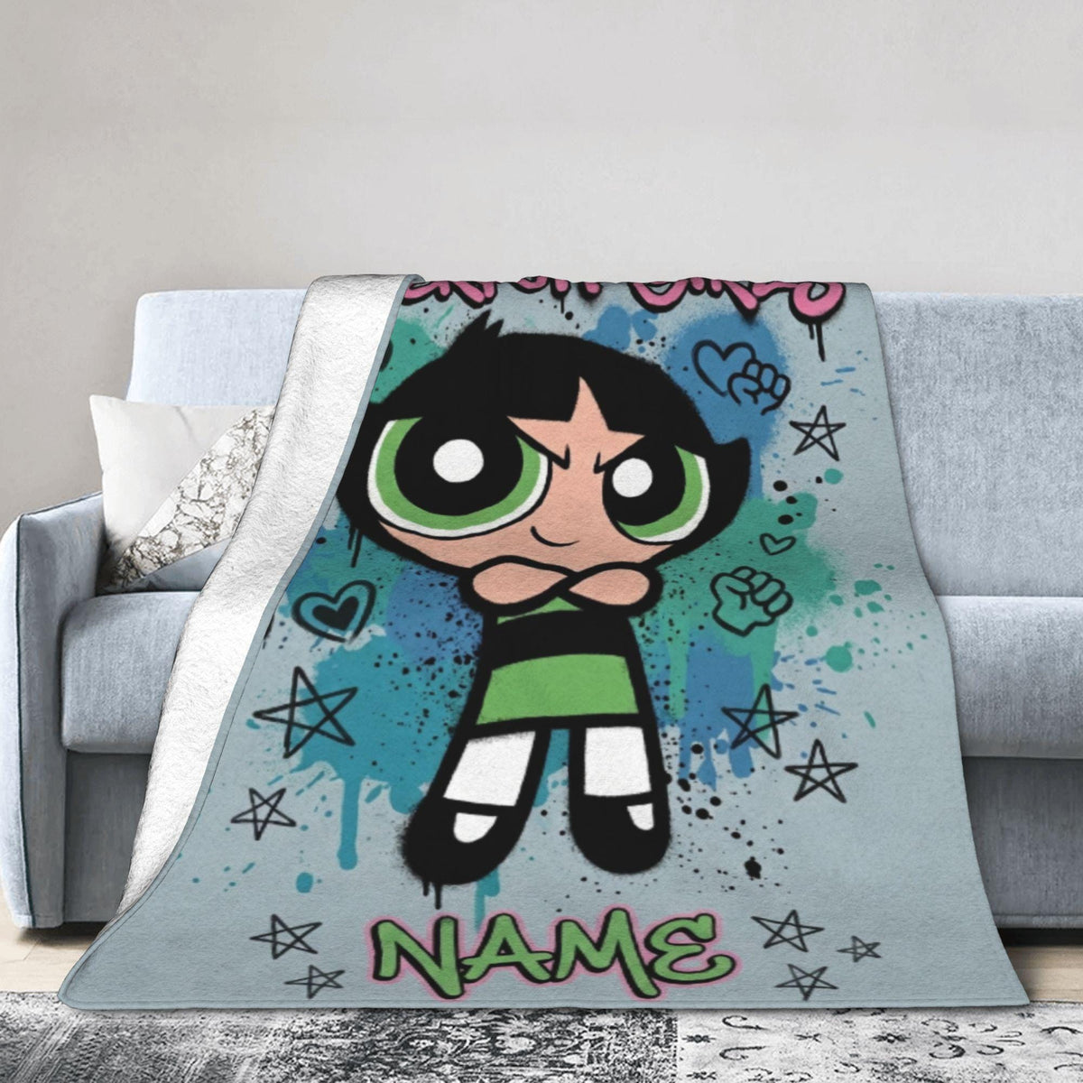 Custom Name Powerpuff Girls Blanket, Buttercup Punk Grunge Cartoon Throw, Personalized Cool Girl Blanket, Kids Birthday Gift, Bedroom Decor