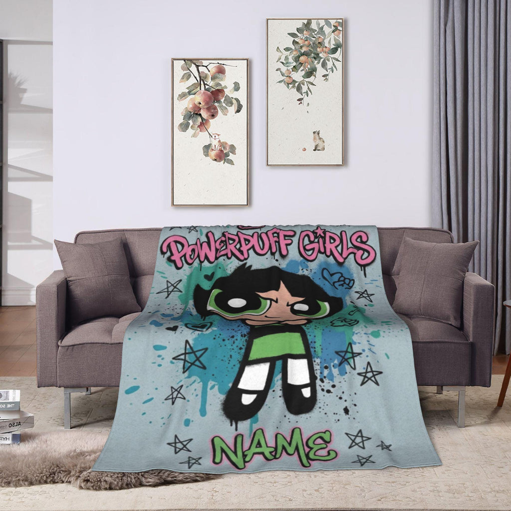 Custom Name Powerpuff Girls Blanket, Buttercup Punk Grunge Cartoon Throw, Personalized Cool Girl Blanket, Kids Birthday Gift, Bedroom Decor