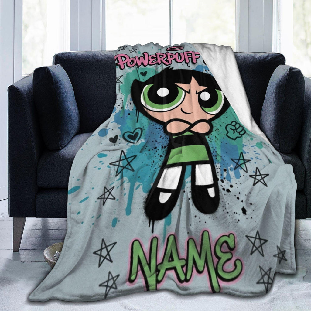 Custom Name Powerpuff Girls Blanket, Buttercup Punk Grunge Cartoon Throw, Personalized Cool Girl Blanket, Kids Birthday Gift, Bedroom Decor